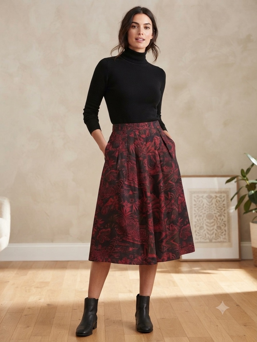 Marie Dooley Linea Red & Black Floral Print Pleated Midi Skirt Size 10